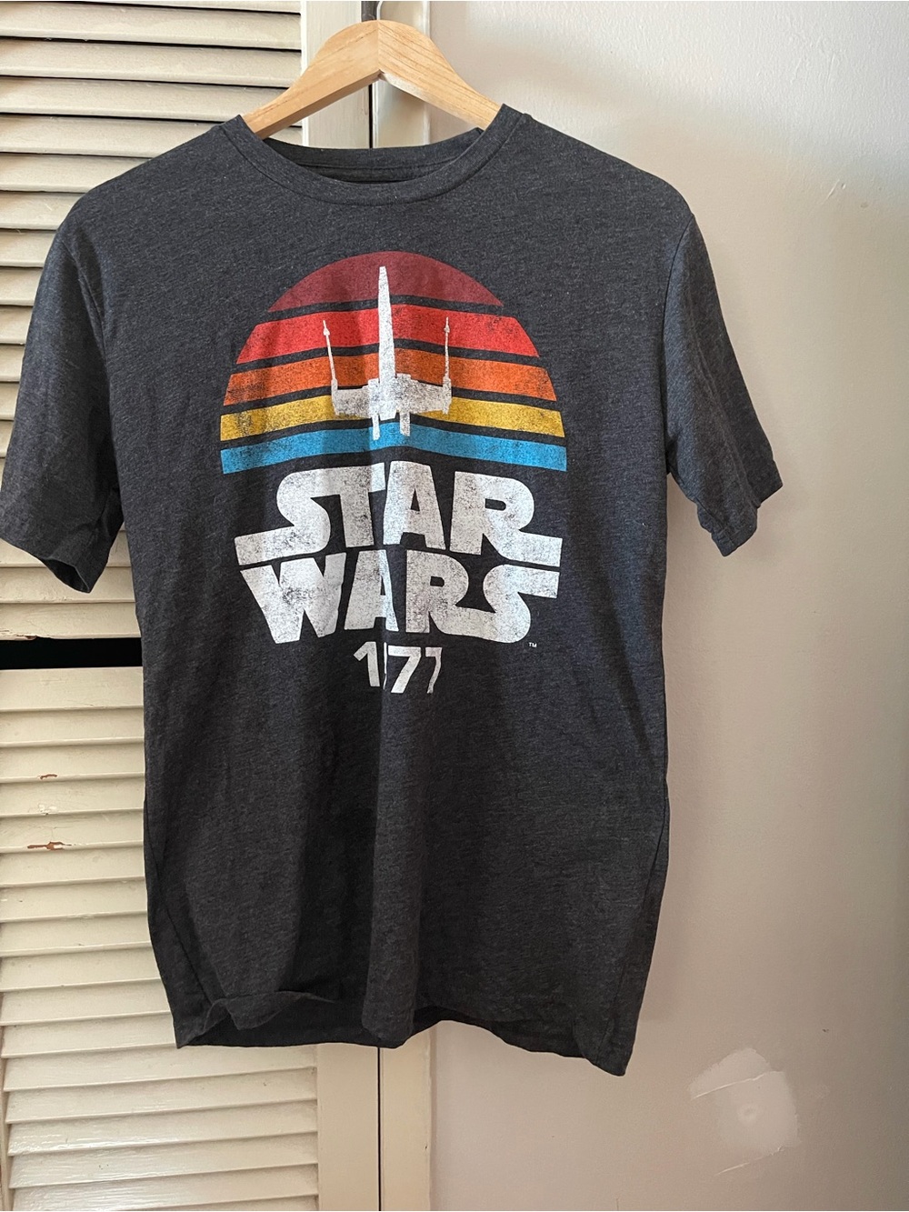 Star Wars Charcoal Tee with Retro Red Orange Yellow Blue Stripes 1977